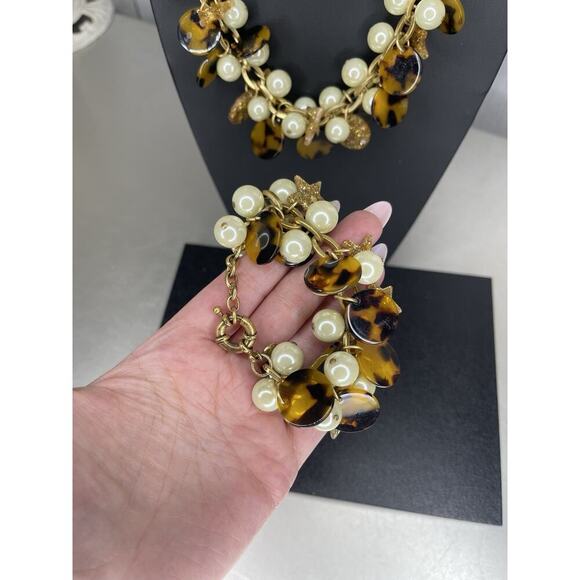 Y2K JCrew Set Pearl Tortoise Shell Stars Charm Necklace Bracelet Statement - Picture 2 of 6
